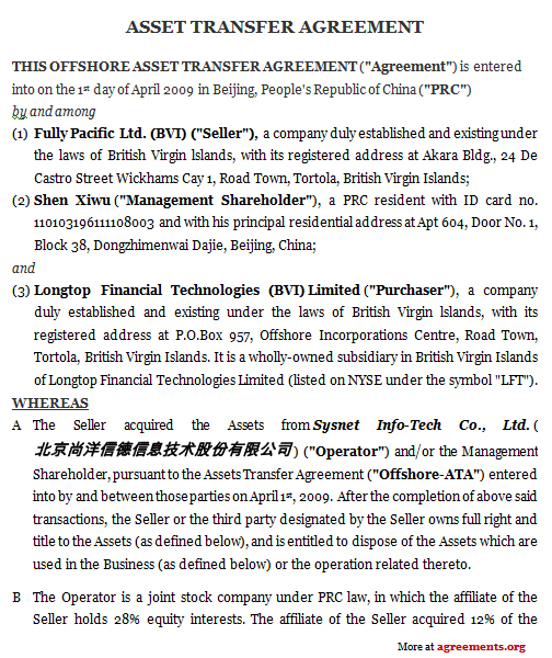 Asset Transfer Agreement Template - Download PDF