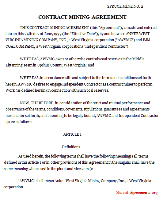 Contract Mining Agreement Sample Template
