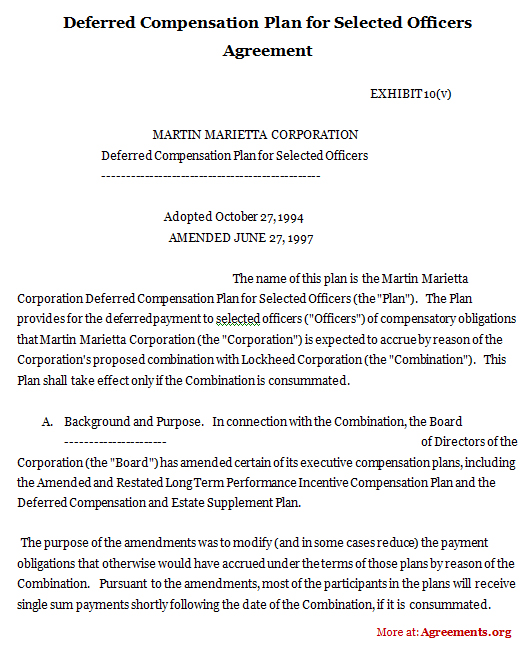 Deferred Compensation Plan for Selected Officers Agreement