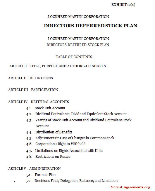 Directors Deferred Stock Plan Agreement