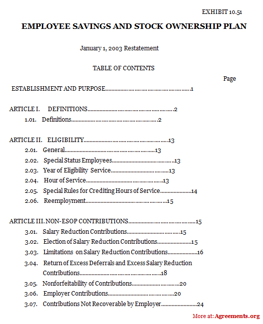 Download Employee Savings and Stock Ownership Plan Agreement Template