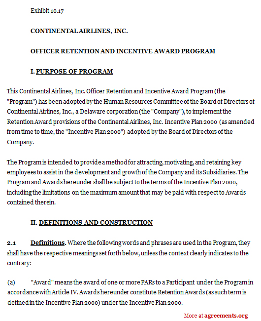 Officer Retention and Incentive Award Program Agreement