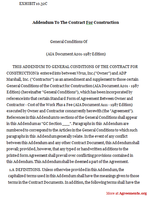 Addendum to the Contract for Construction Template