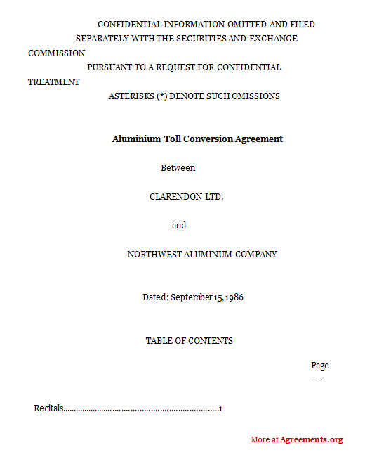 Aluminum toll conversion agreement Aluminum toll conversion agreement