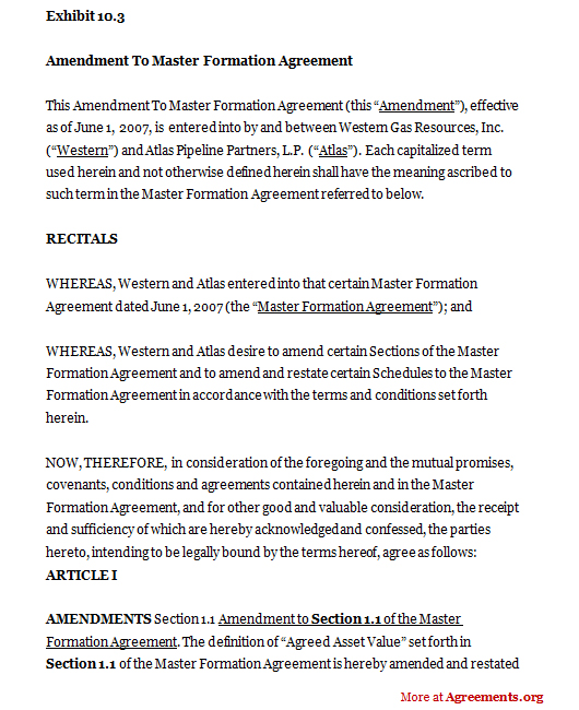 Amendment to Master Formation Agreement