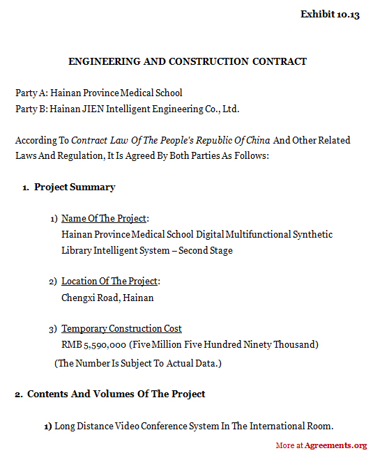 ENGINEERING AND CONSTRUCTION CONTRACT Agreement